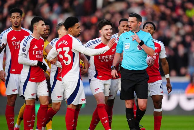 <p>Arsenal berated referee Michael Oliver for Myles Lewis-Skelly’s red card</p>