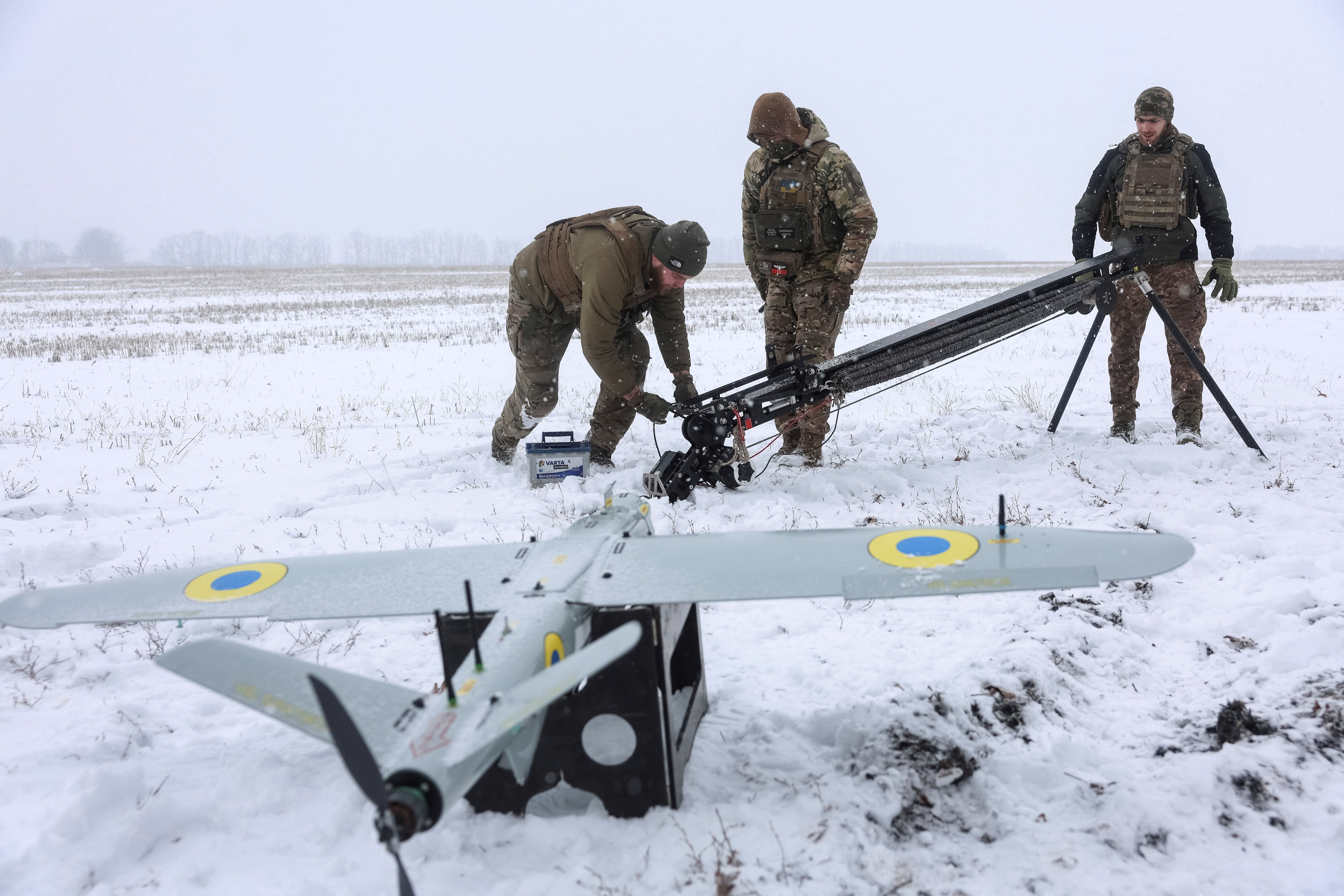 Ukrainian servicemen prepare to launch precision-guided loitering munition in Kharkiv region