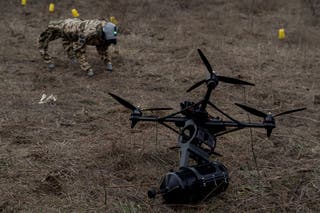 Robot dog during tests of drones using fibre optics to fly at an undisclosed location in the Kyiv region on 29 January 2025