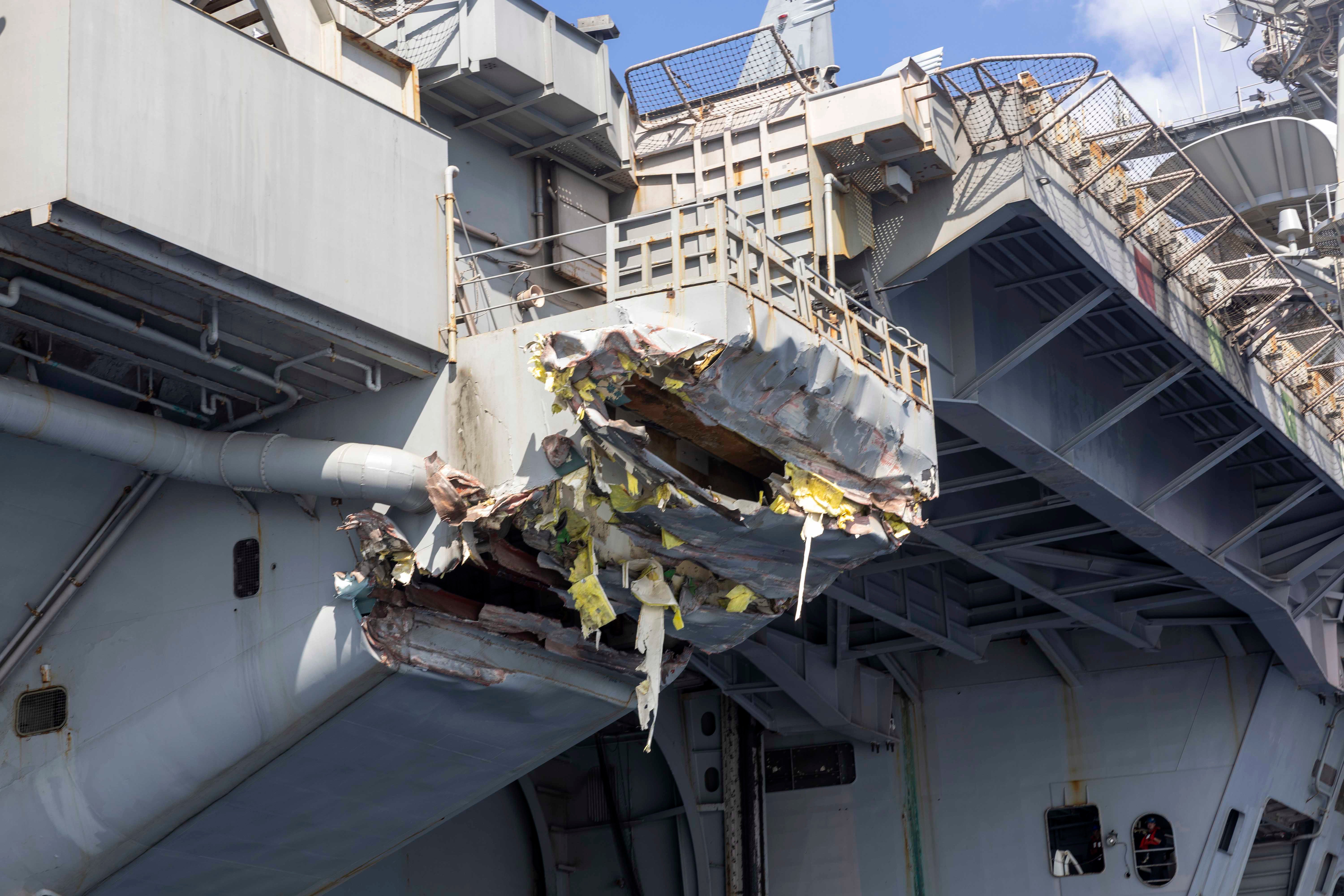 Exterior damage of the USS Harry S. Truman, viewed from a ship's rigid-hull inflatable boat following a collision with merchant vessel Besiktas-M, Feb. 12, 2025.