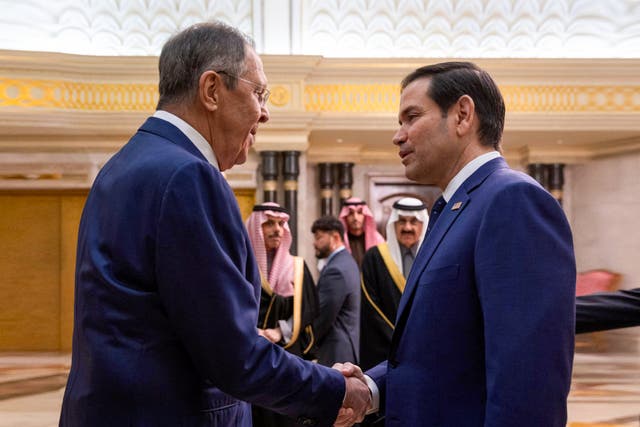 <p>US secretary of state Marco Rubio (right) shakes hands with Russian foreign minister Sergei Lavrov during their meeting at Diriyah Palace, in Riyadh, Saudi Arabia, on Tuesday</p>