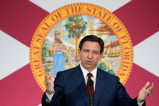 <p>Florida Gov. Ron DeSantis speaks during a news conference in Miami, May 9, 202</p>