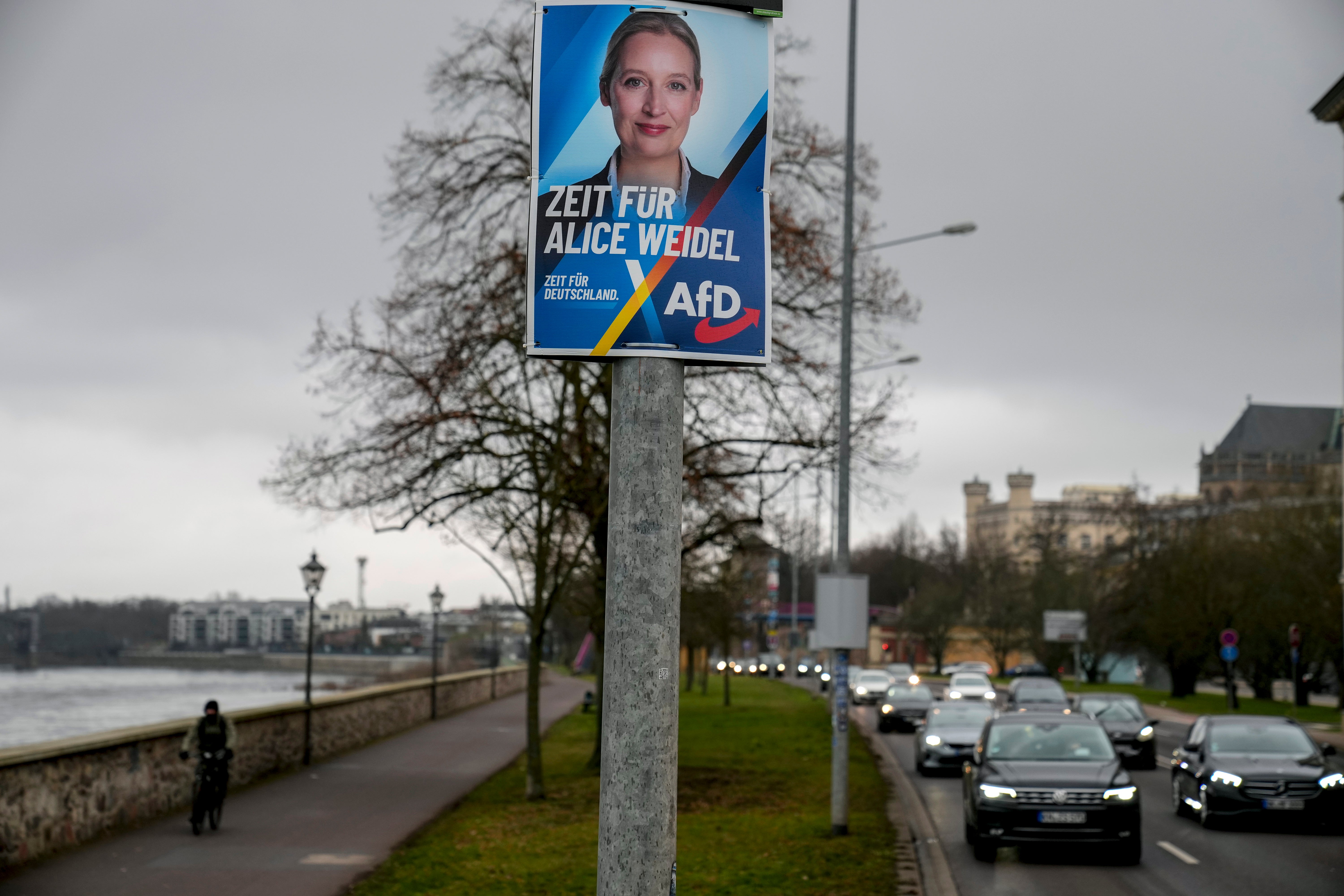 An election poster showing AfD top candidate for Chancellor Alice Weidel is displayed in a street in Magdeburg