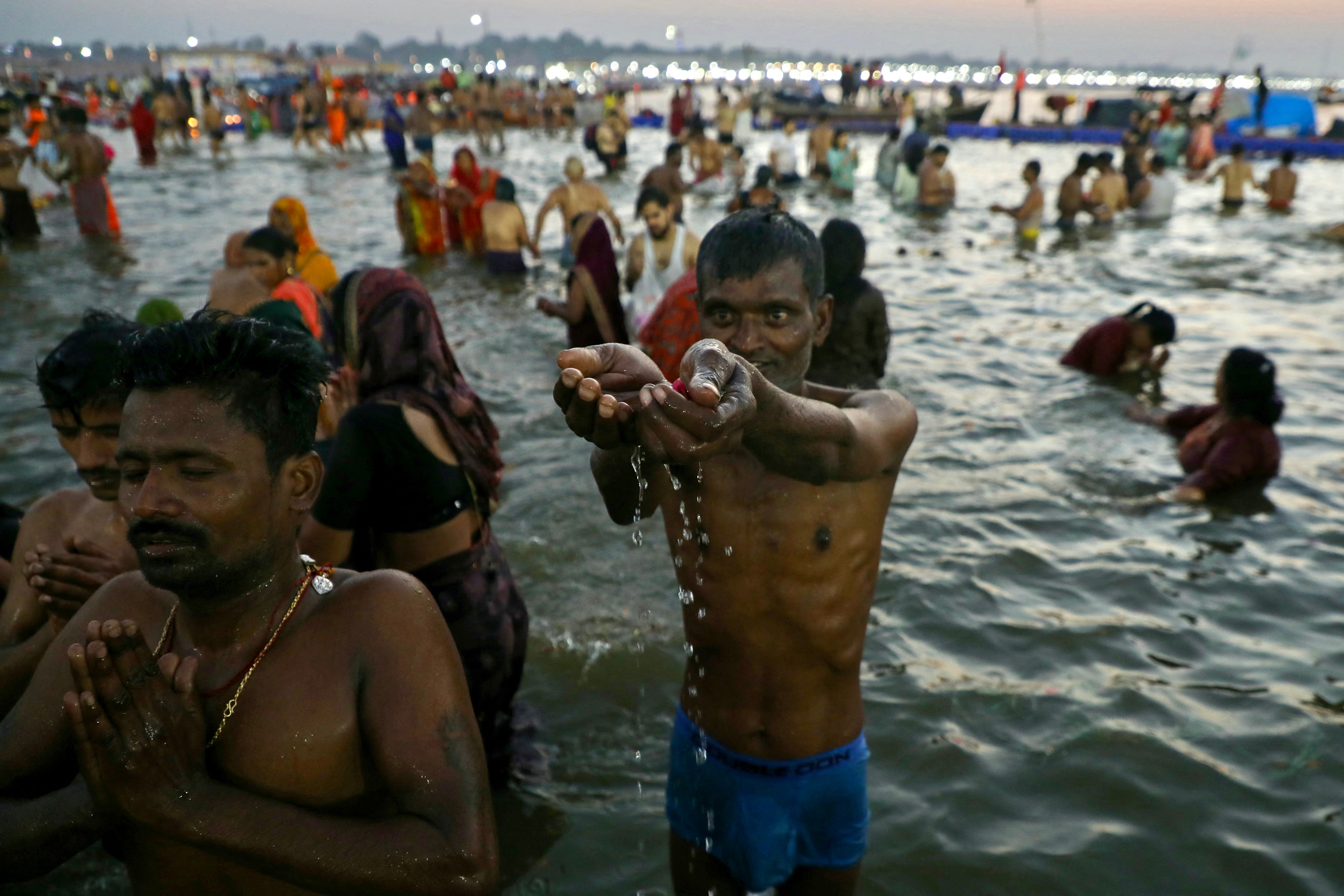 <p>File. Pilgrims take a holy dip in Sangam, the confluence of Ganges, Yamuna and mythical Saraswati rivers, on the occasion of Maghi Purnima during the Maha Kumbh Mela festival in Prayagraj on 12 February 2025</p>