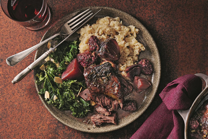 Slow-braised beef short ribs: A lazy Sunday feast with beetroot and blackberry