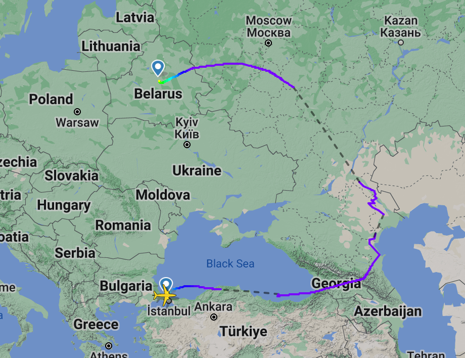 Round the houses: Belavia flight from Istanbul to Minsk, capital of Russia's ally, Belarus