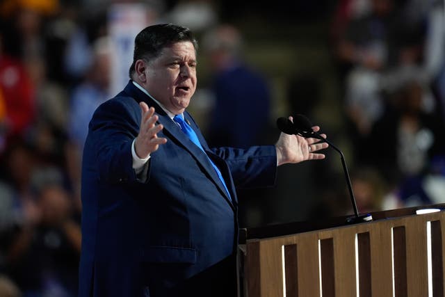 <p>Illinois Governor JB Pritzker speaks at last year’s Democratic National Convention in Chicago</p>