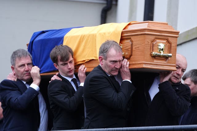 The coffin of Michael O’Sullivan is carried into St John the Baptist Church, Glantane. Jockey Michael O’Sullivan died as a result of the injuries he suffered in a fall at Thurles on February 6 at the age of 24. O’Sullivan started off his career on the point-to-point circuit and was crowned champion under-21 rider in 2019. Picture date: Wednesday February 19, 2025.