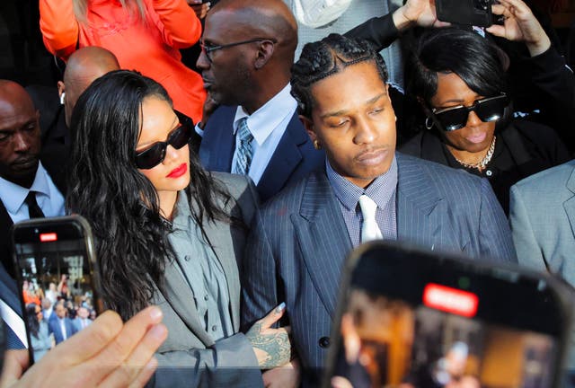 <p>Rakim Mayers, aka A$AP Rocky, reacts as he exits the court, next to Rihanna, after the verdict is given in his felony assault trial at the Clara Shortridge Foltz Criminal Justice Center in Los Angeles, California, U.S. February 18, 2025.</p>