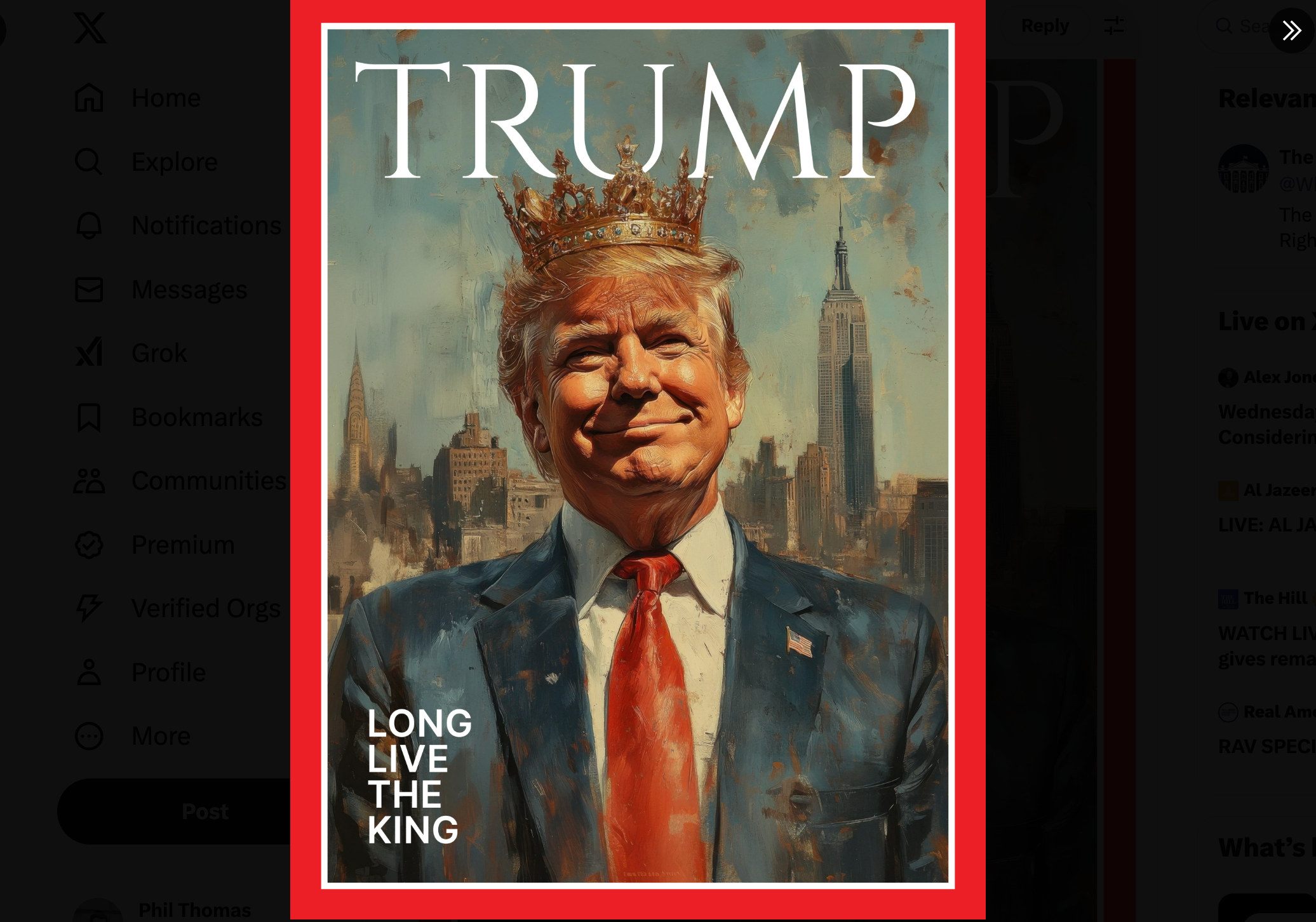 AI-generated image of Donald Trump as a king tweeted by the White House on February 19