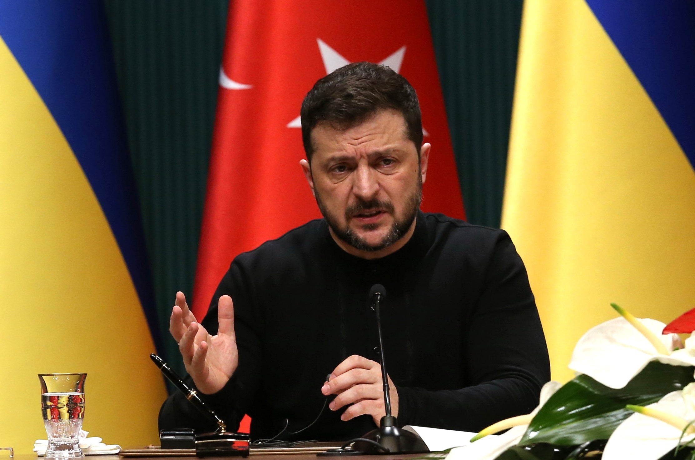 Volodymyr Zelensky speaks during a press conference with Turkish President Recep Tayyip Erdogan (not pictured) at the Presidential Palace in Ankara, Turkey, on Tuesday