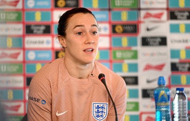 <p>England’s Lucy Bronze speaking before Friday’s game against Portugal</p>