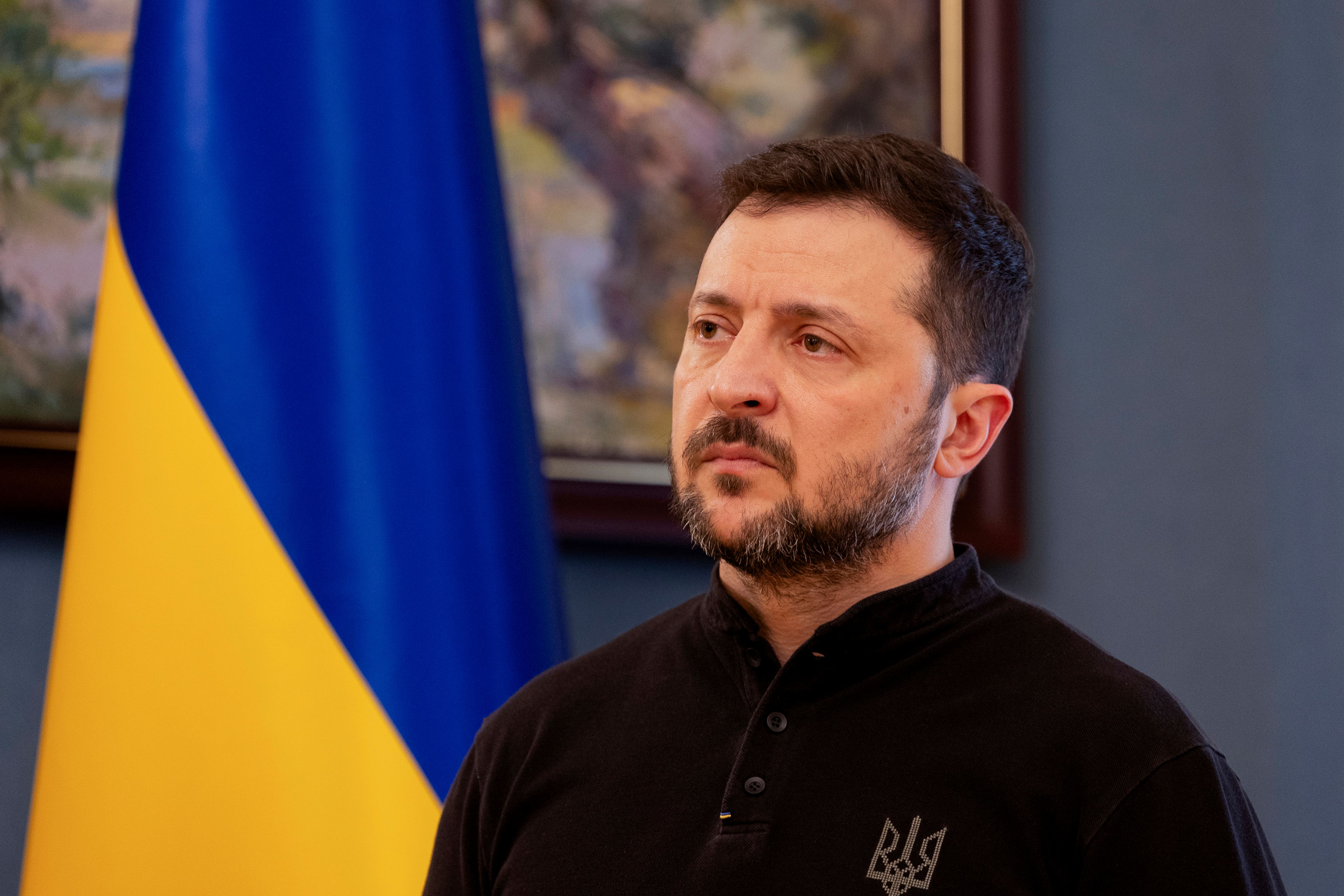 Ukraine’s President Volodymyr Zelenskyy gives a press conference in Kyiv, Ukraine, Wednesday, Feb. 19, 2025. (Tetiana Dzhafarova, Pool Photo via AP)