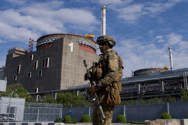 <p>Un militar ruso patrulla frente a la central eléctrica del sureste de Ucrania</p>