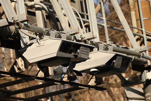 <p>E-ZPass readers and license plate-scanning cameras are seen on Park Row on February 20, 2025 in New York City</p>