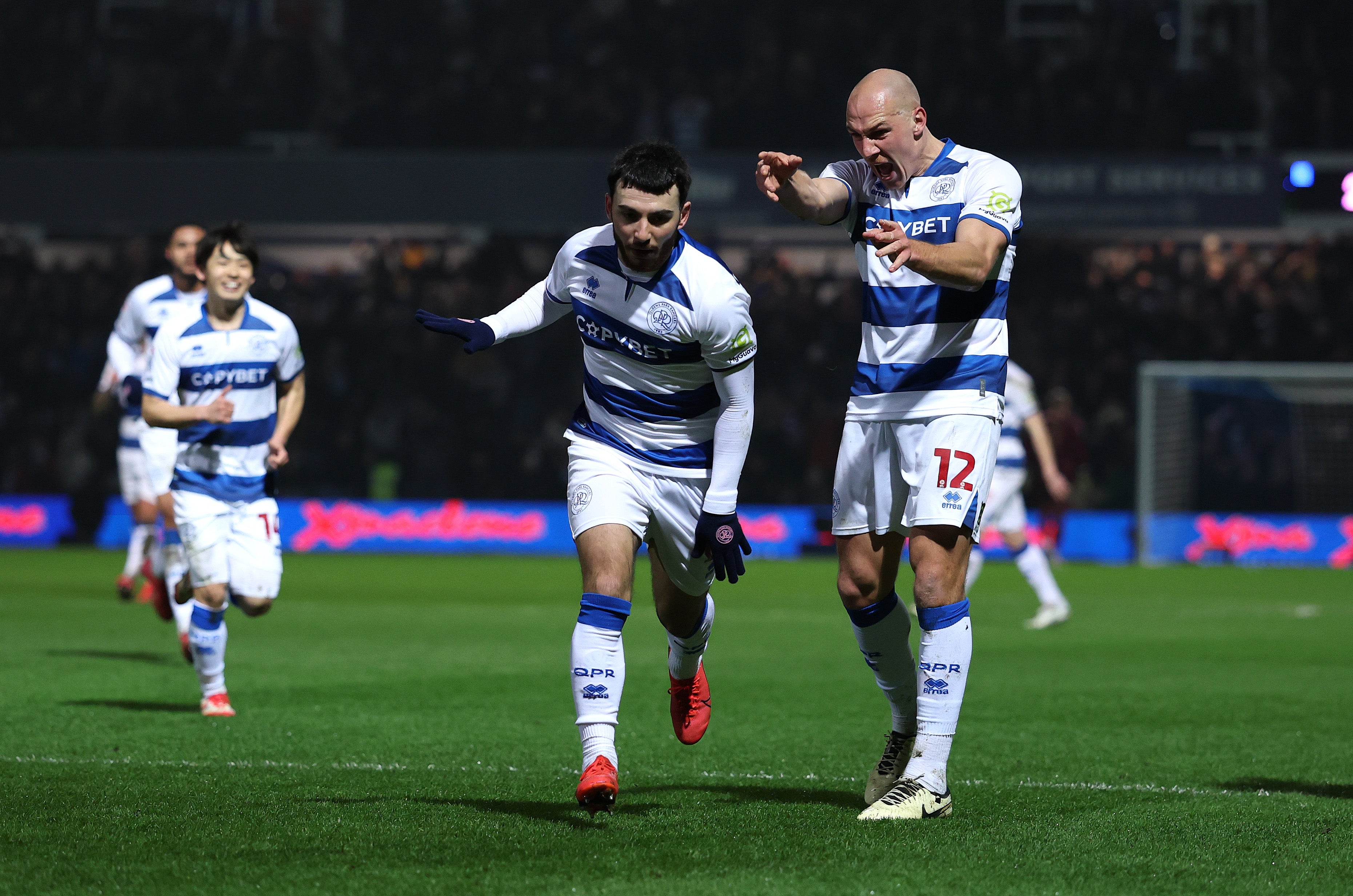 Ilias Chair of Queens Park Rangers celebrates after scoring against Derby at Loftus Road