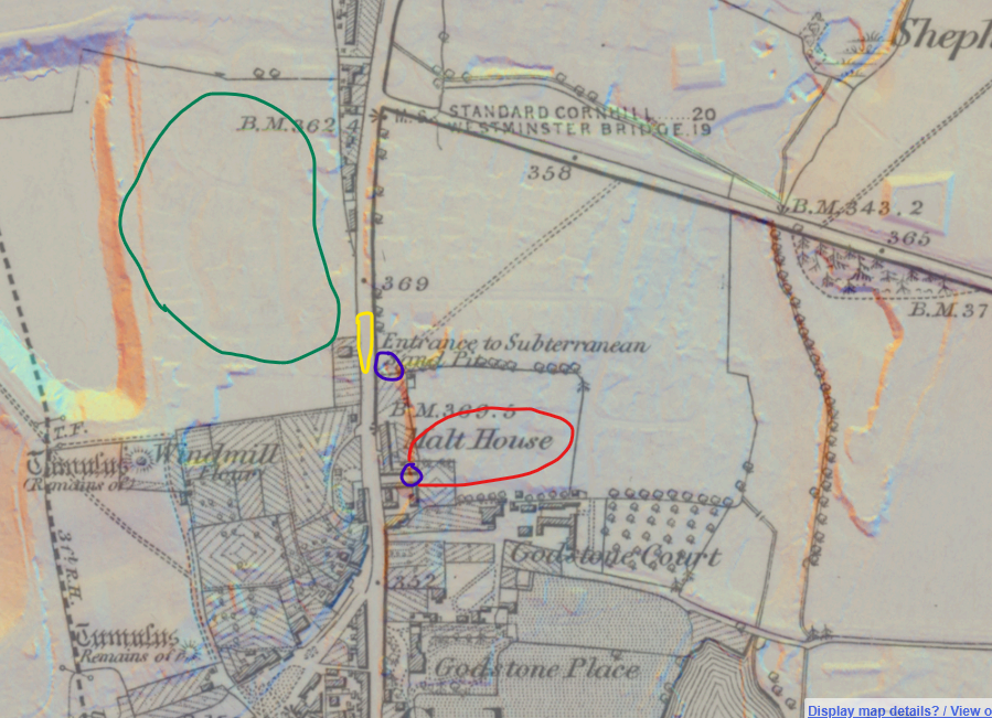 Maps of the area published in 1872 show the approximate location of sinkhole, circled in yellow, the nearest historic mine entrances circled in blue; the approximate area of the nearest known old mine highlighted in red, and an old sand pit circled in green