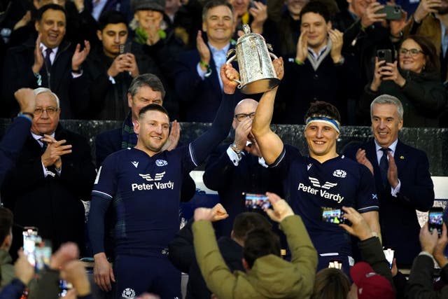 Rory Darge says it is ‘massive’ to have co-captain Finn Russell, left, starting in the Calcutta Cup clash with England (Andrew Milligan/PA)