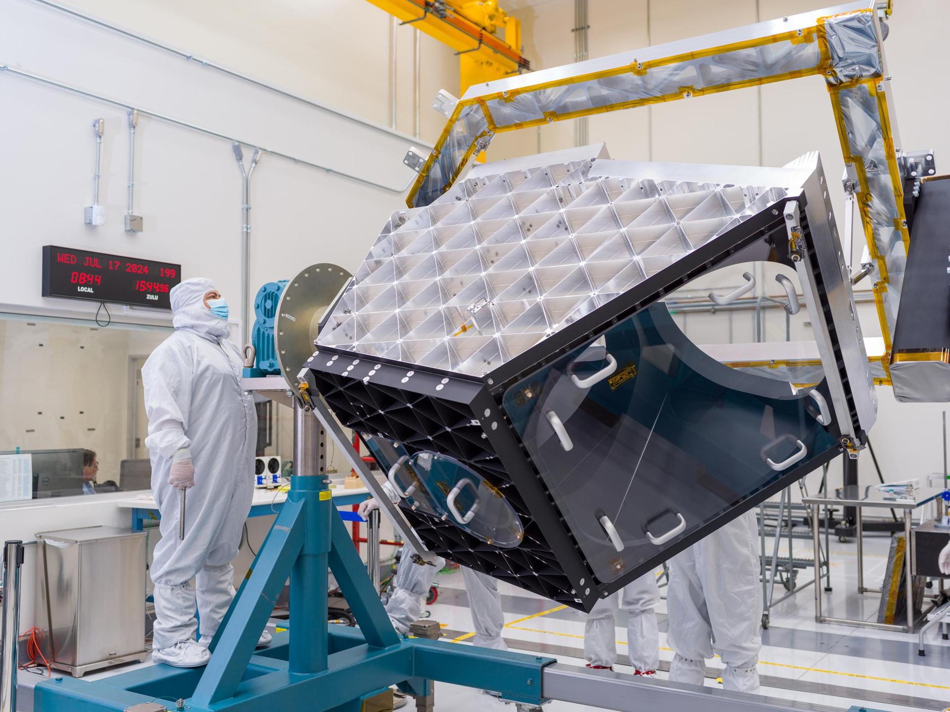 Nasa’s NEO Surveyor’s Telescope Optical Bench under construction in a clean room at NASA's Jet Propulsion Laboratory in Southern California on July 17, 2024