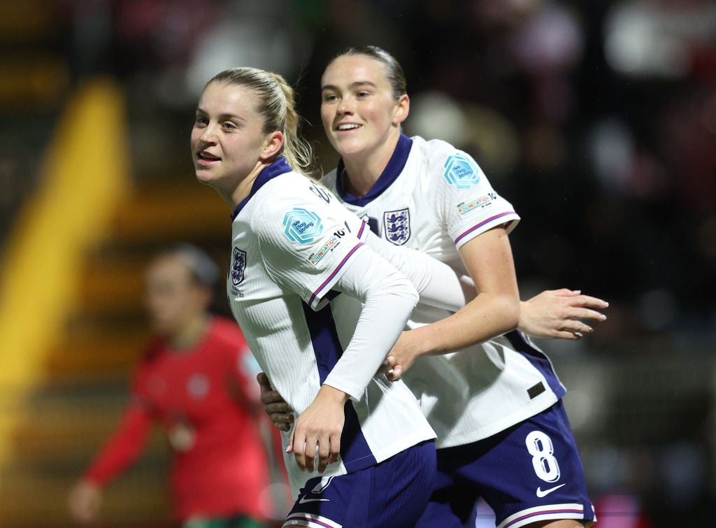 Alessia Russo and Grace Clinton celebrate England’s goal in the 1-1 draw