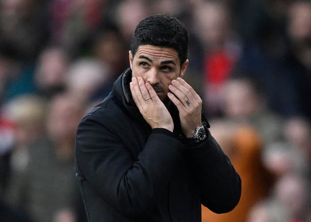 <p>Arteta reacts to West Ham’s 1-0 win at the Emirates</p>