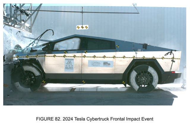 <p>This image from a National Highway Traffic Safety Administration report released on Jan. 14, 2025 shows a crash test of a 2024 Tesla Cybertruck in Adelanto, Calif., on Dec. 18, 2024</p>