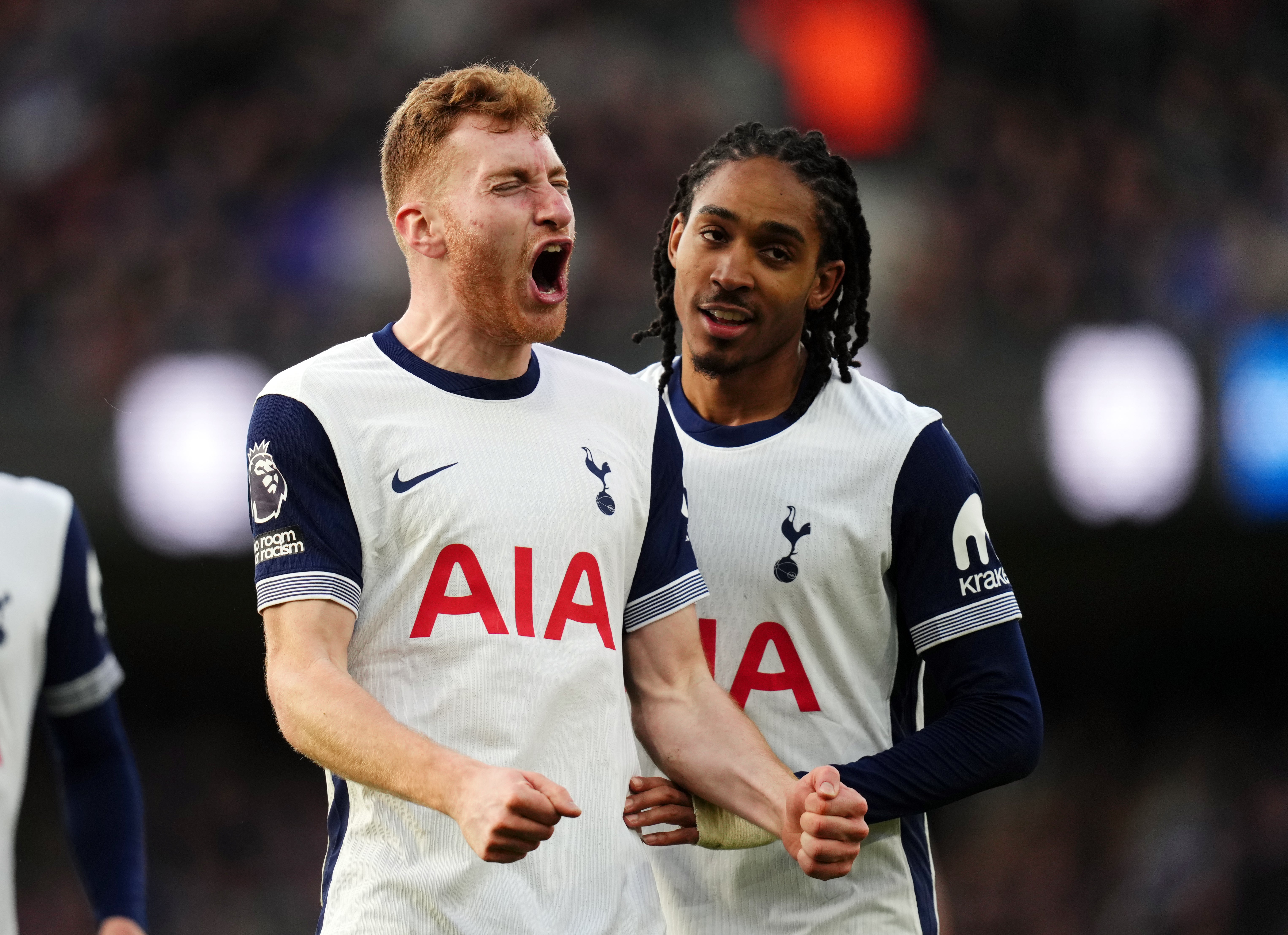 <p>Dejan Kulusevski, left, and Djed Spence scored in Tottenham’s win (John Walton/PA)</p>