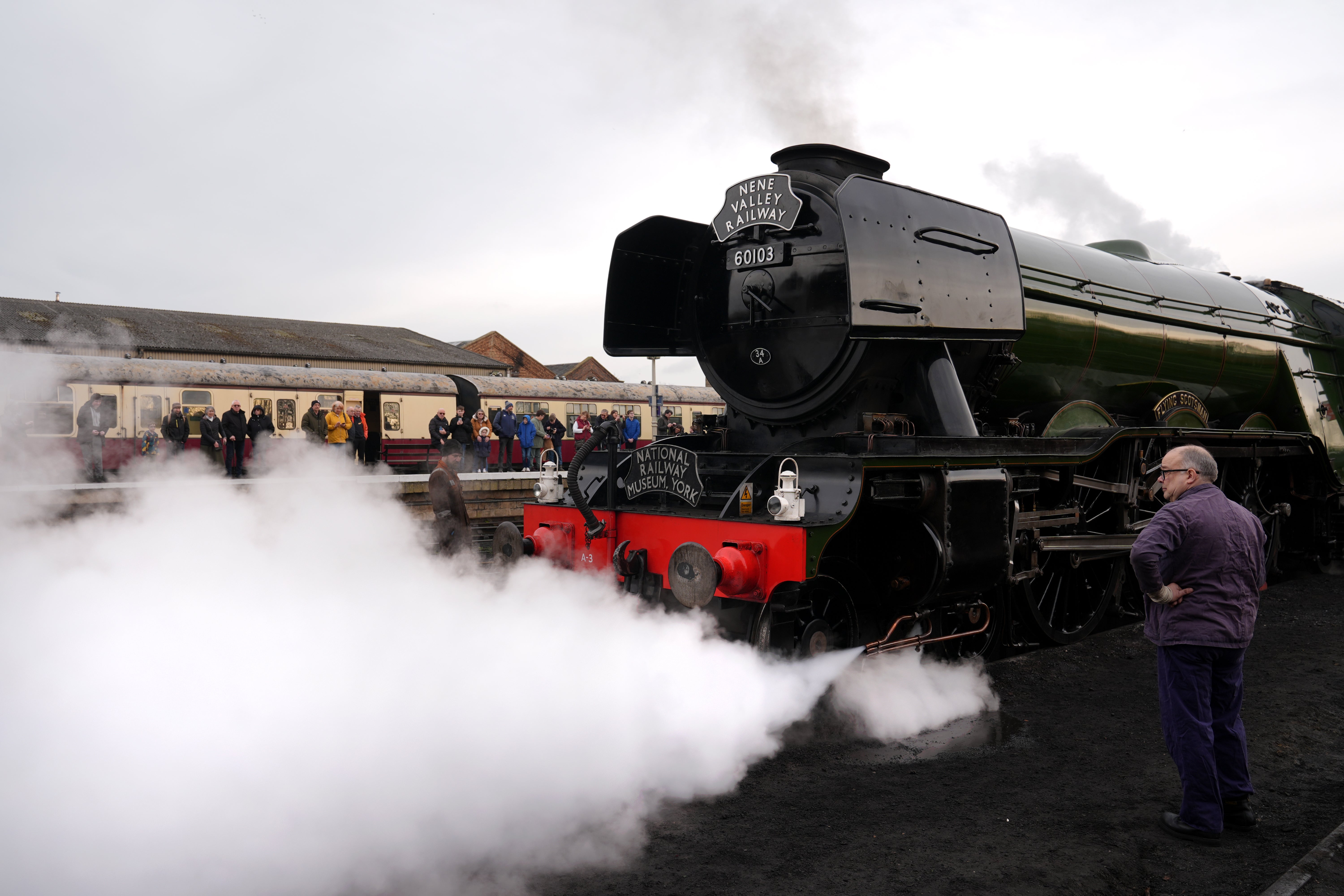 <p>The Flying Scotsman in the yard at Wansford station (Joe Giddens/PA)</p>