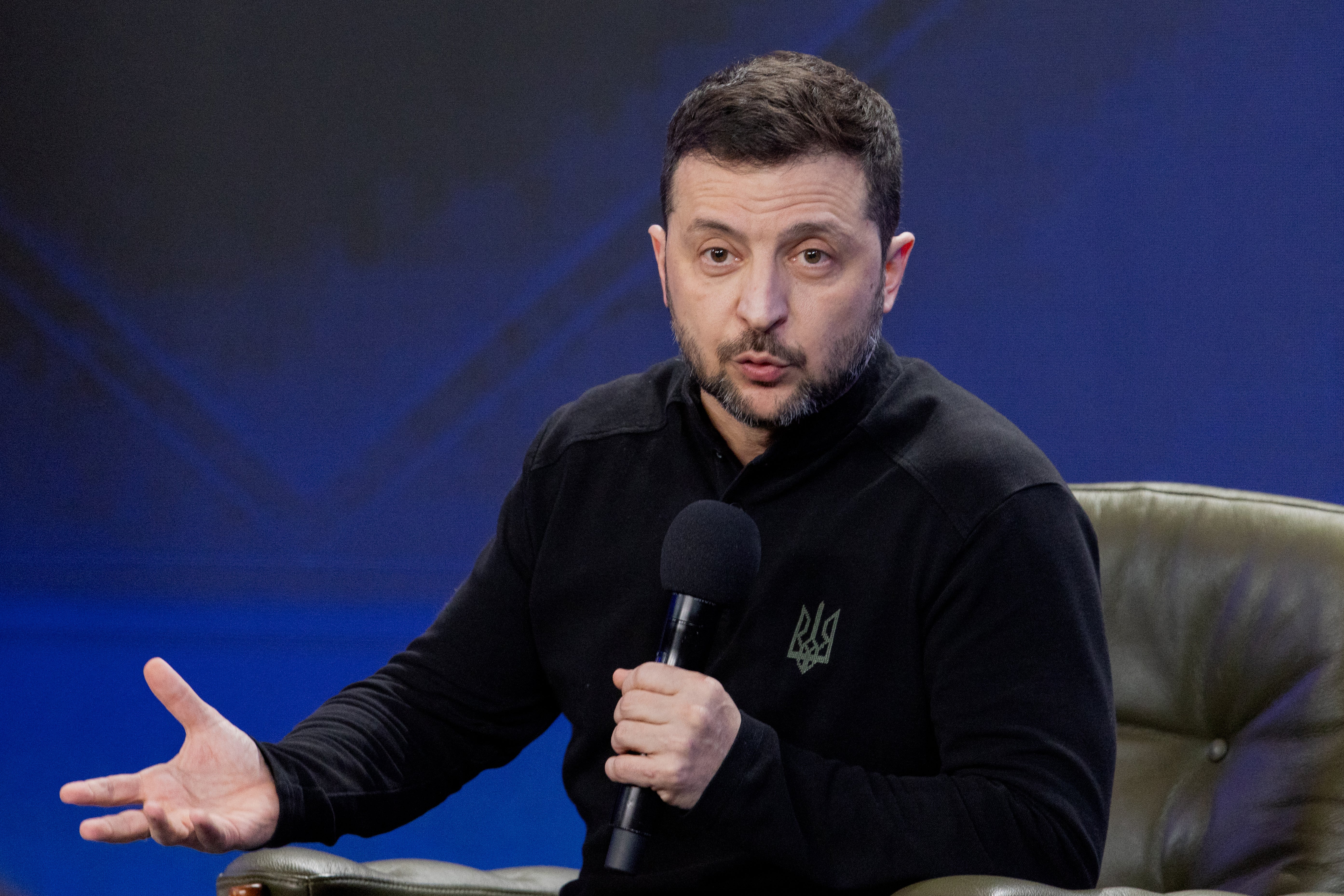 Ukraine's President Volodymyr Zelensky speaks during a press conference in Kyiv on Sunday