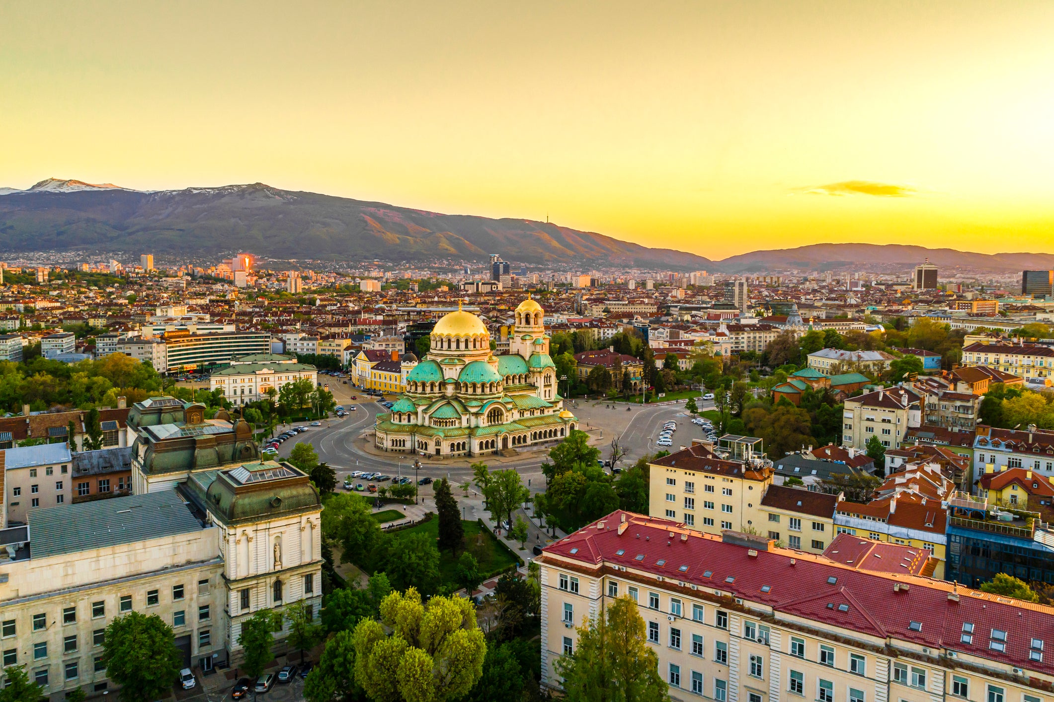 The downtown district of the capital of Bulgaria with the golden domes of St Alexander Nevsky Cathedral