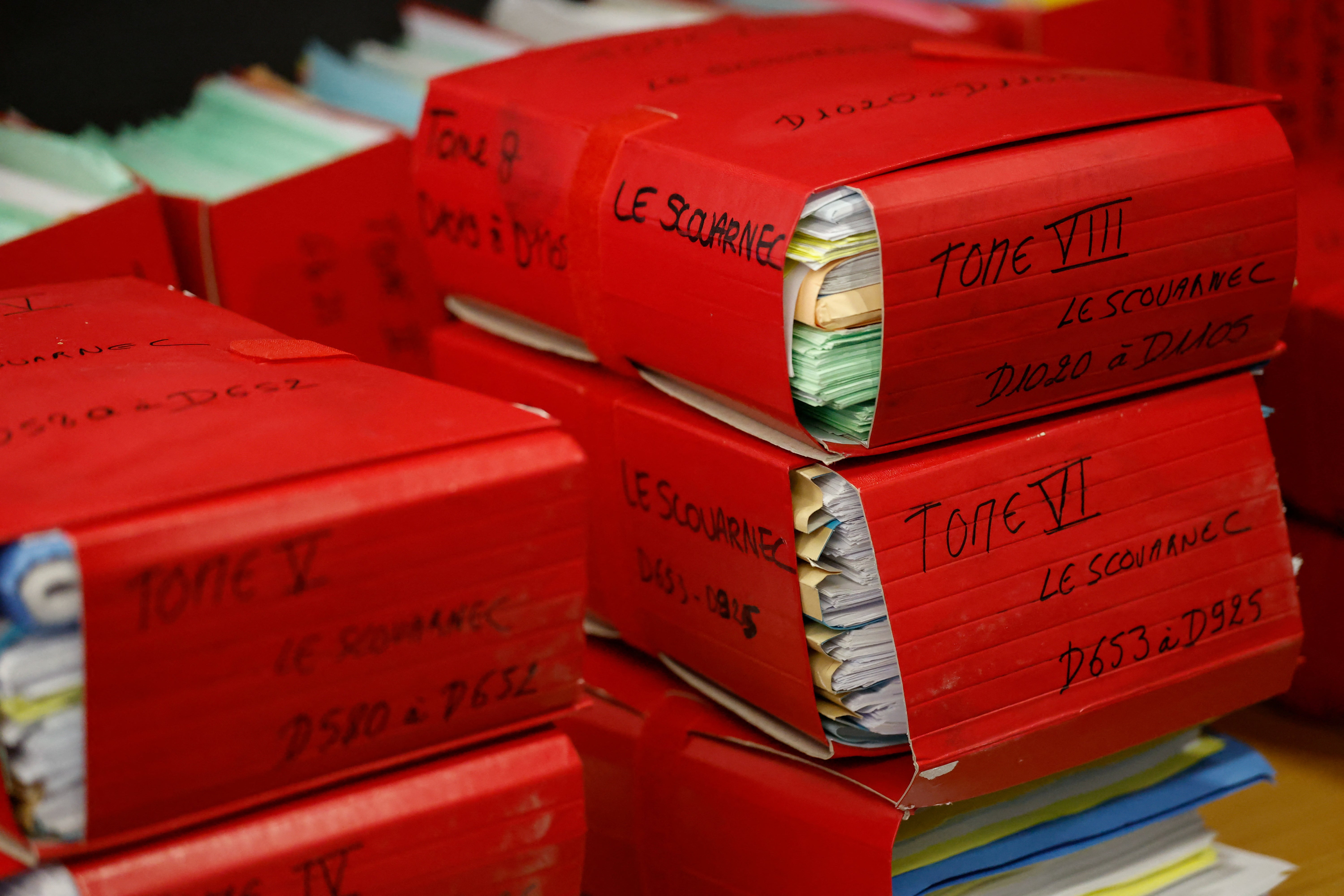 Case files are pictured inside the court before the opening of the trial of ex-surgeon Joel Le Scouarnec