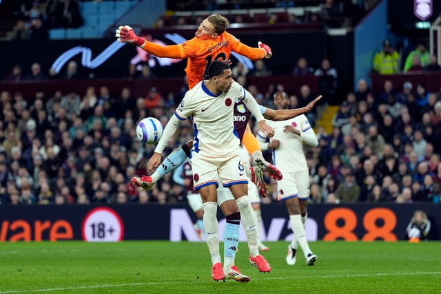 <p>Filip Jorgensen produced a goalkeeping howler for Aston Villa against Chelsea</p>