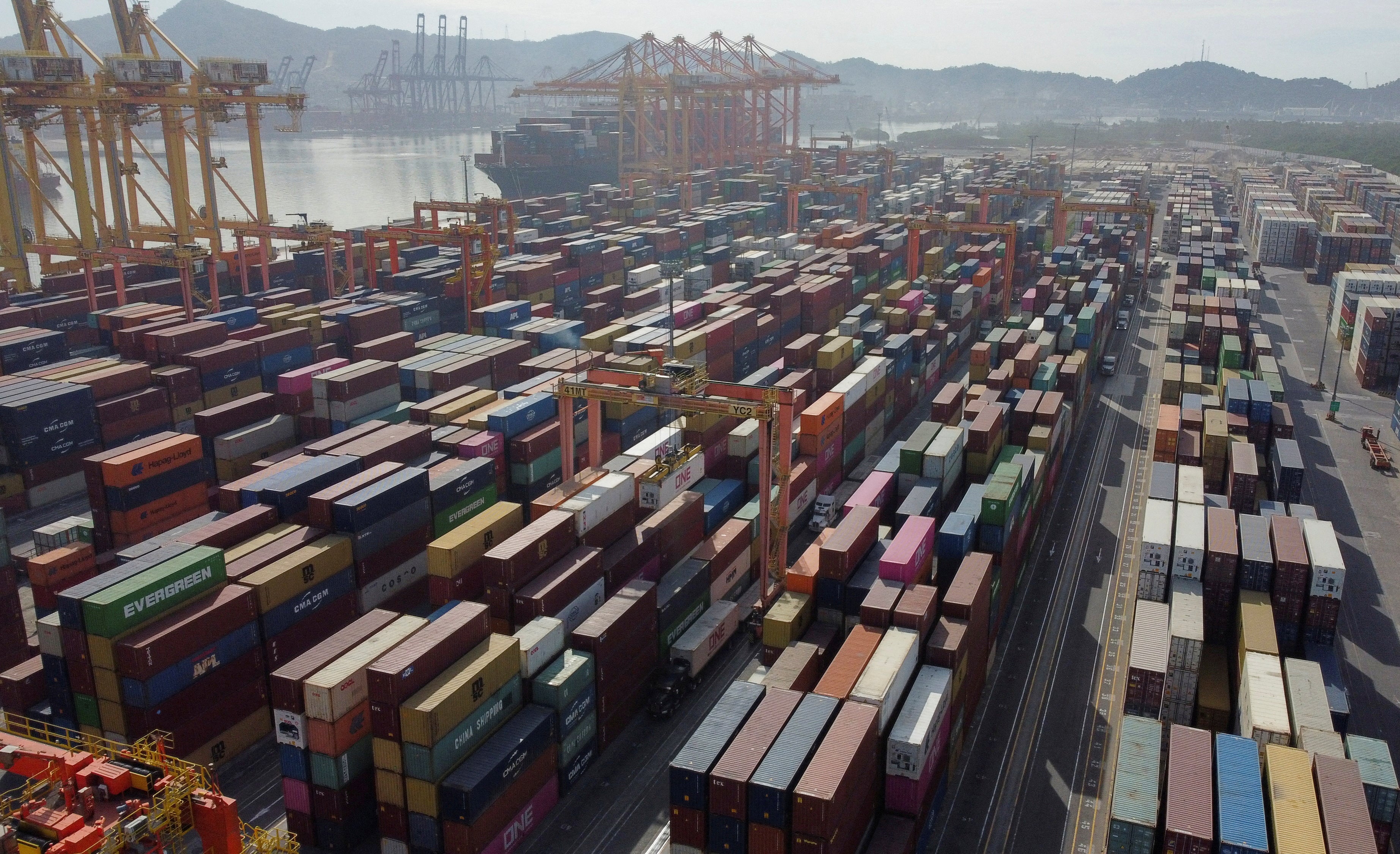 Drone view shows container traffic at Manzanillo seaport, in Mexico