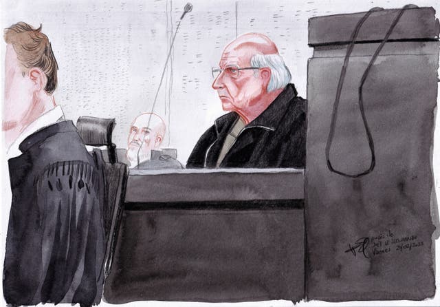 <p>This courtroom sketch by Valentin Pasquier shows Joel Le Scouarnec, now 74, sitting in courtroom </p>