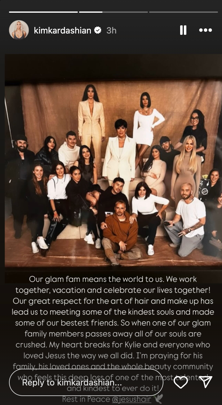 Kim Kardashian honored the life of Jesus Guerrero on Instagram after the hairstylist’s sudden death at age 34