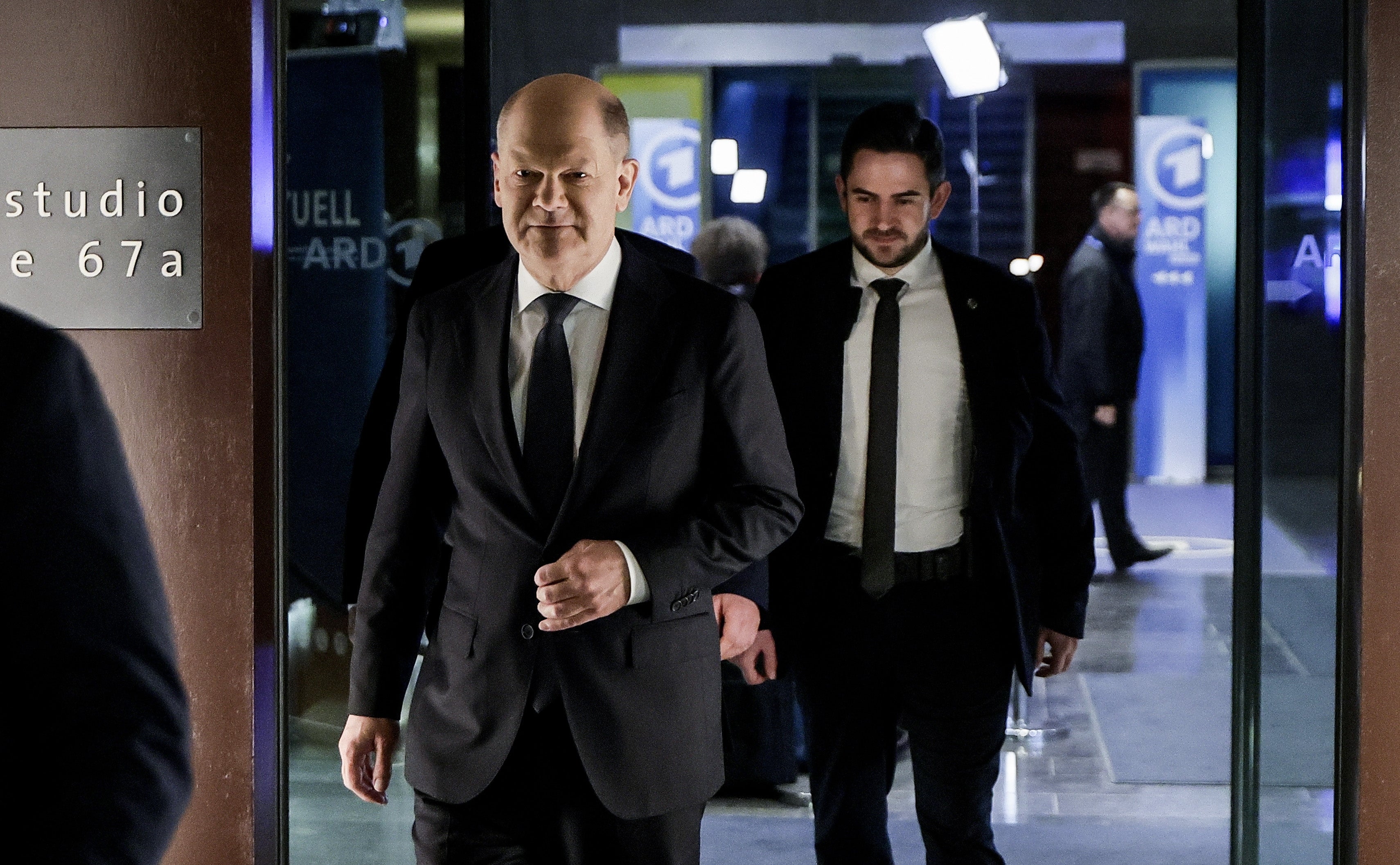 German chancellor Olaf Scholz of SPD Party leaves the TV studio after an election night TV talk show