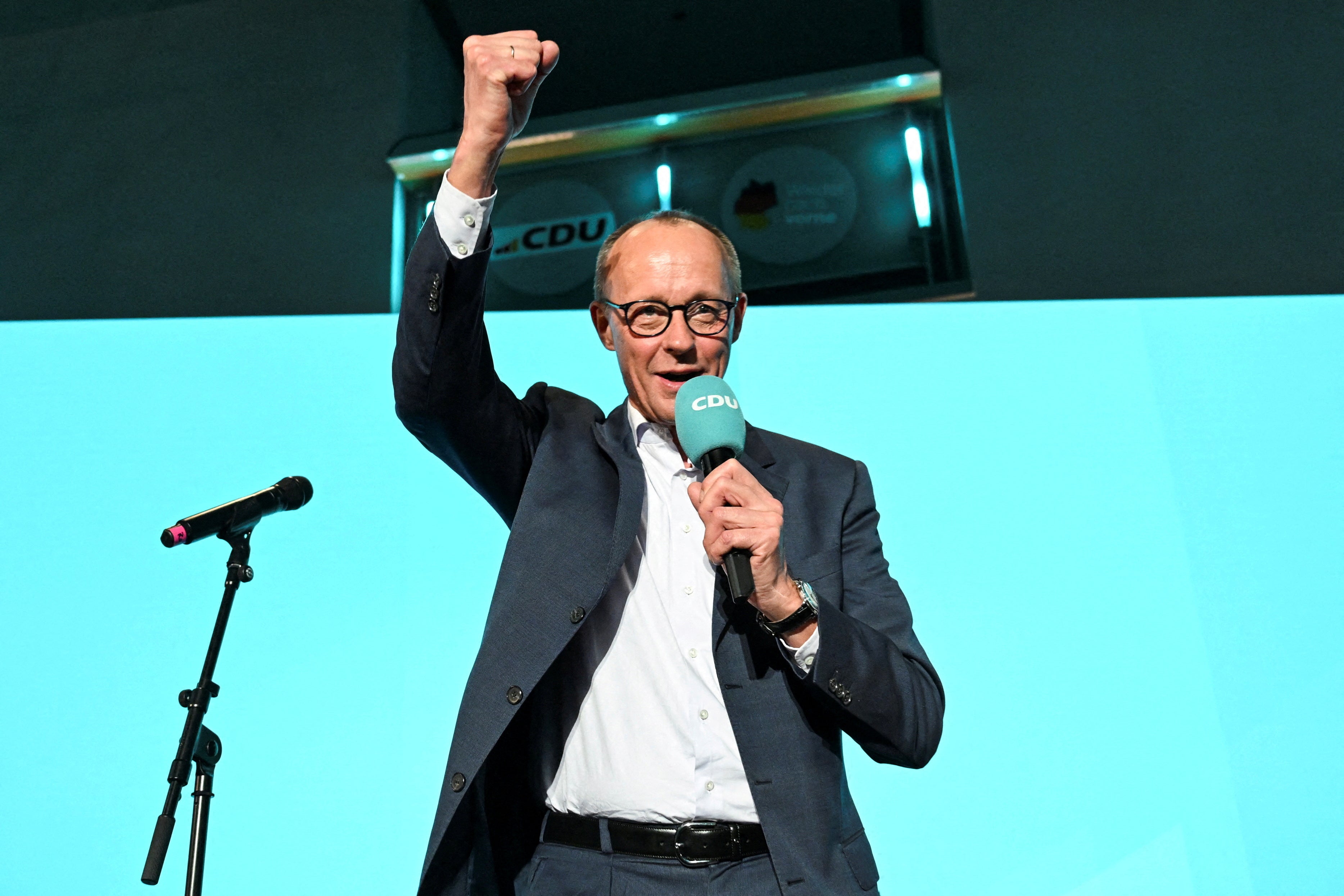 Christian Democratic Union (CDU) party leader Friedrich Merz speaks at the party headquarters