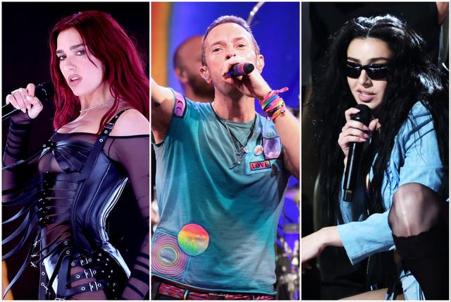 <p>L-R: Dua Lipa, Coldplay and Charli XCX failed to make the top 10 global charts despite major releases last year</p>