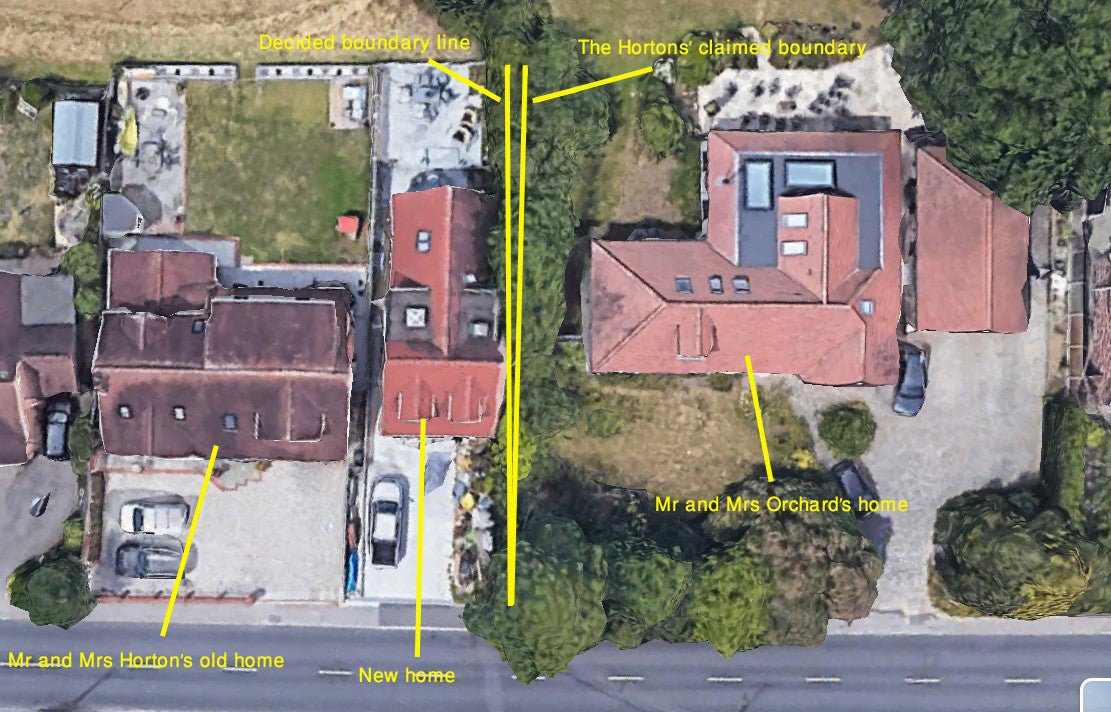 Aerial location of boundary dispute between Samuel and Kathleen Horton and neighbours Jonathan and Carolyn Orchard.