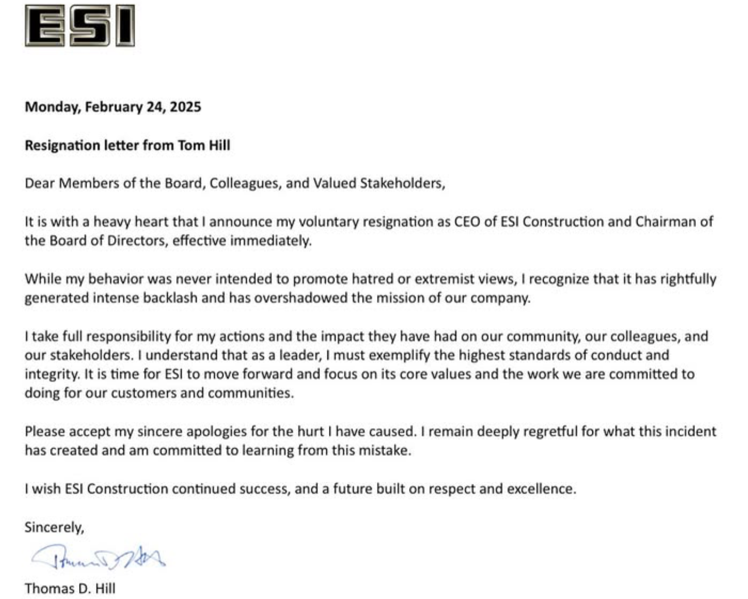 Tom Hill resigned as ESI Construction CEO on Monday