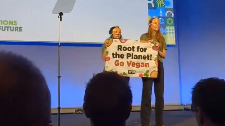 Protesters dressed as carrots storm stage to interrupt environment secretary Steve Reed’s speech at NFU conference