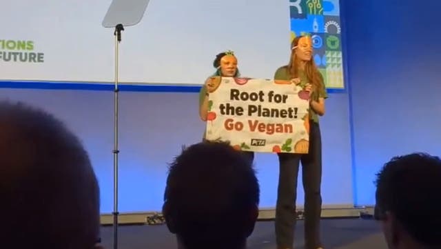 <p>Protesters dressed as carrots storm stage to interrupt environment secretary Steve Reed’s speech at NFU conference.</p>