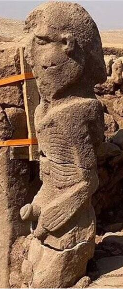 This remarkable image shows a well-endowed 11000 year old 2.3 metre tall statue (probably of a deity or ancestral spirit) at Karahan Tepe, an impressive archaeological site in south-east Turkey