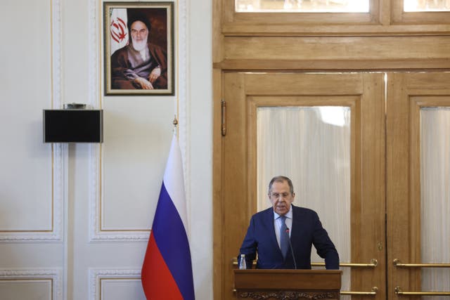 <p>Russia's foreign minister Sergei Lavrov speaks during a joint press conference with Iranian foreign minister Abbas Araghchi in Tehran, Iran</p>