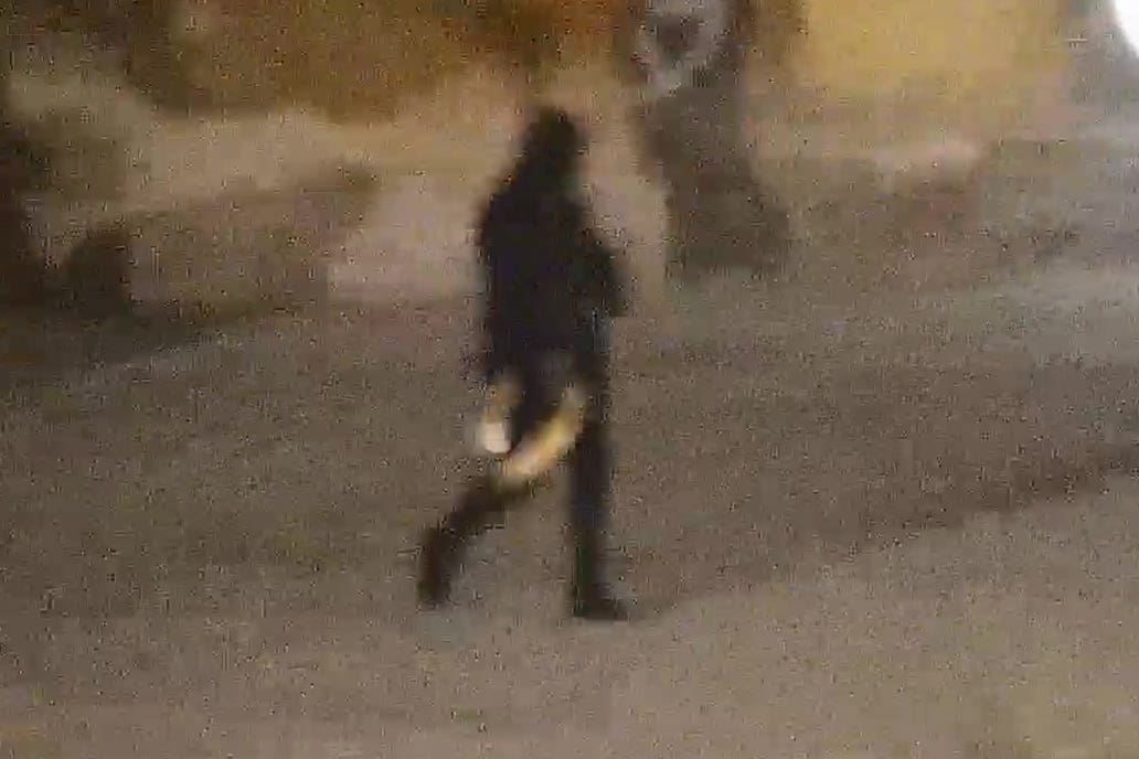 CCTV screen grab showing one of three men carrying a gold toilet seat in the courtyard at the front of Blenheim Palace (Thames Valley Police/PA)