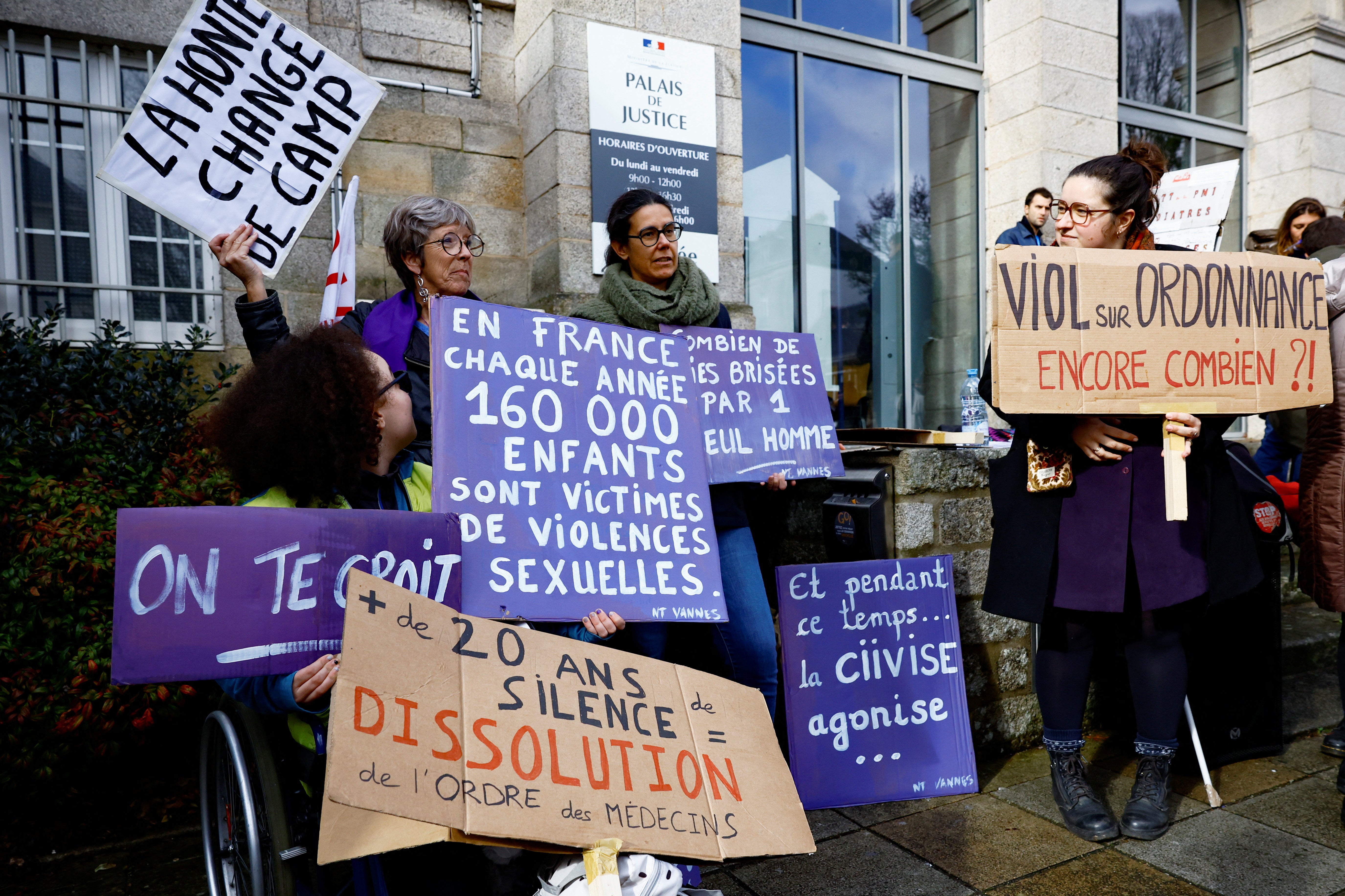 Members of women's collectives, doctors, NGOs and unions demonstrate in front of the courthouse, on the day of the trial of ex-surgeon Joel Le Scouarnec