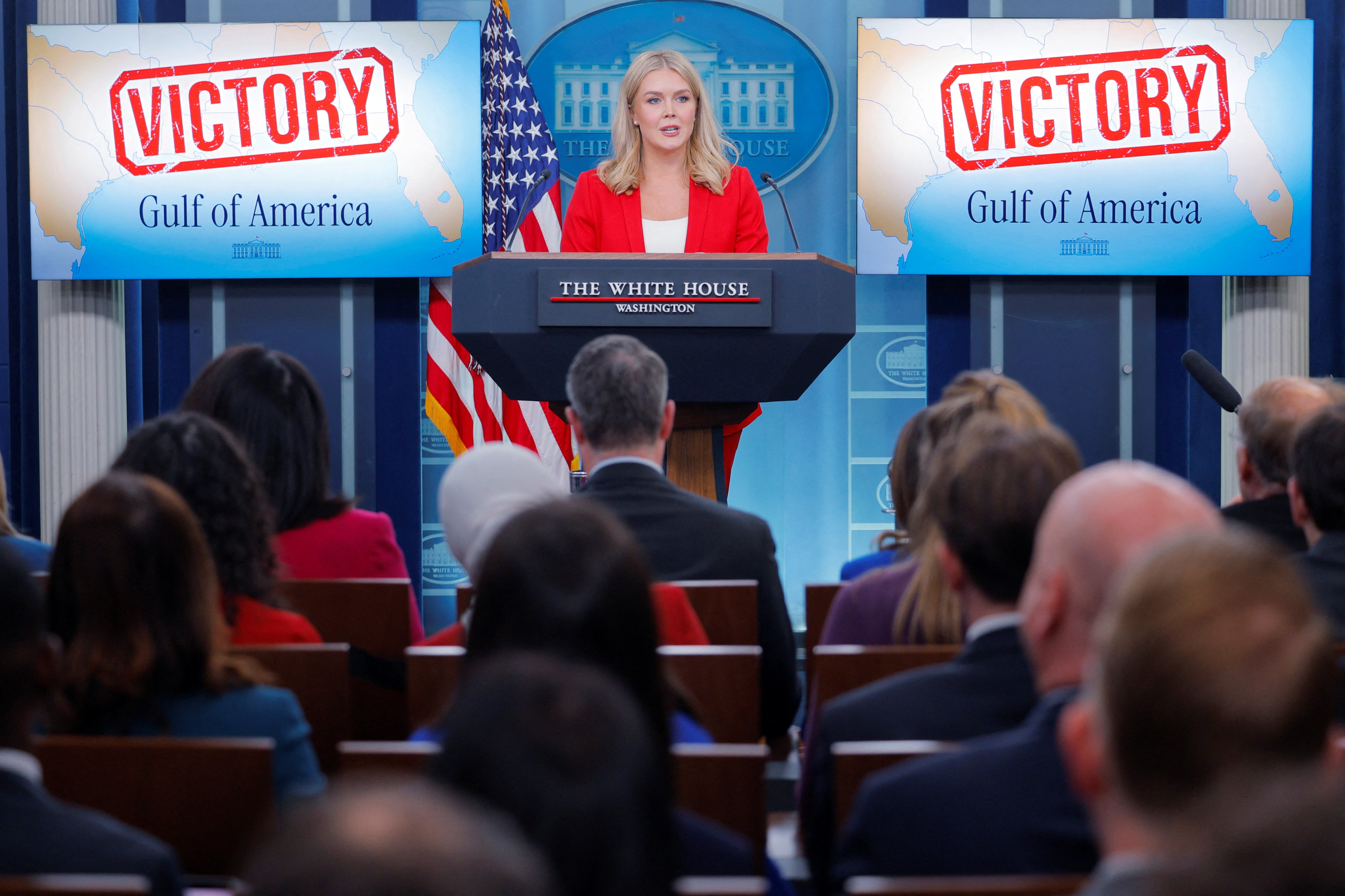 White House Press Secretary Karoline Leavitt speaks at the White House. On Tuesday, she defended the treatment of migrants at Guantanamo Bay