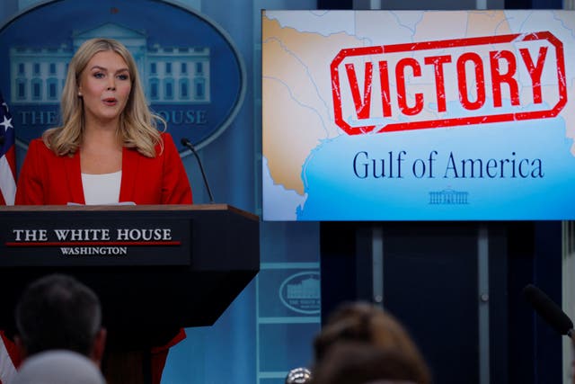 <p>White House Press Secretary Karoline Leavitt speaks next to TV screens displaying the word "Victory" after a judge ruled against the Associated Press' request for a temporary restraining order, during a press briefing at the White House in Washington</p>