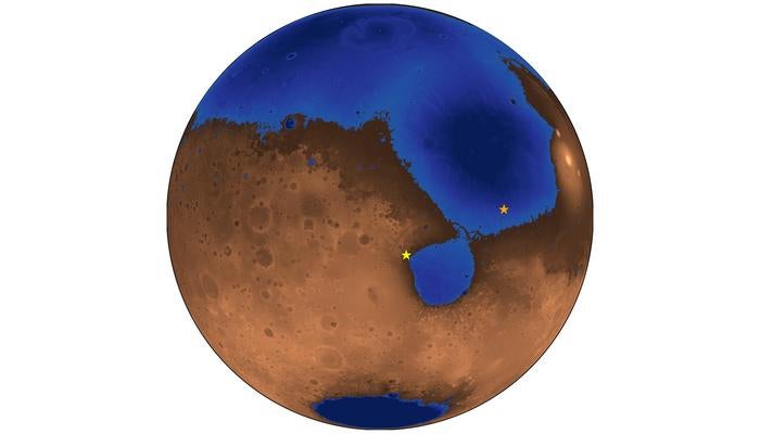 Hypothetical picture of Mars 3.6 billion years ago when an ocean may have covered nearly half the planet