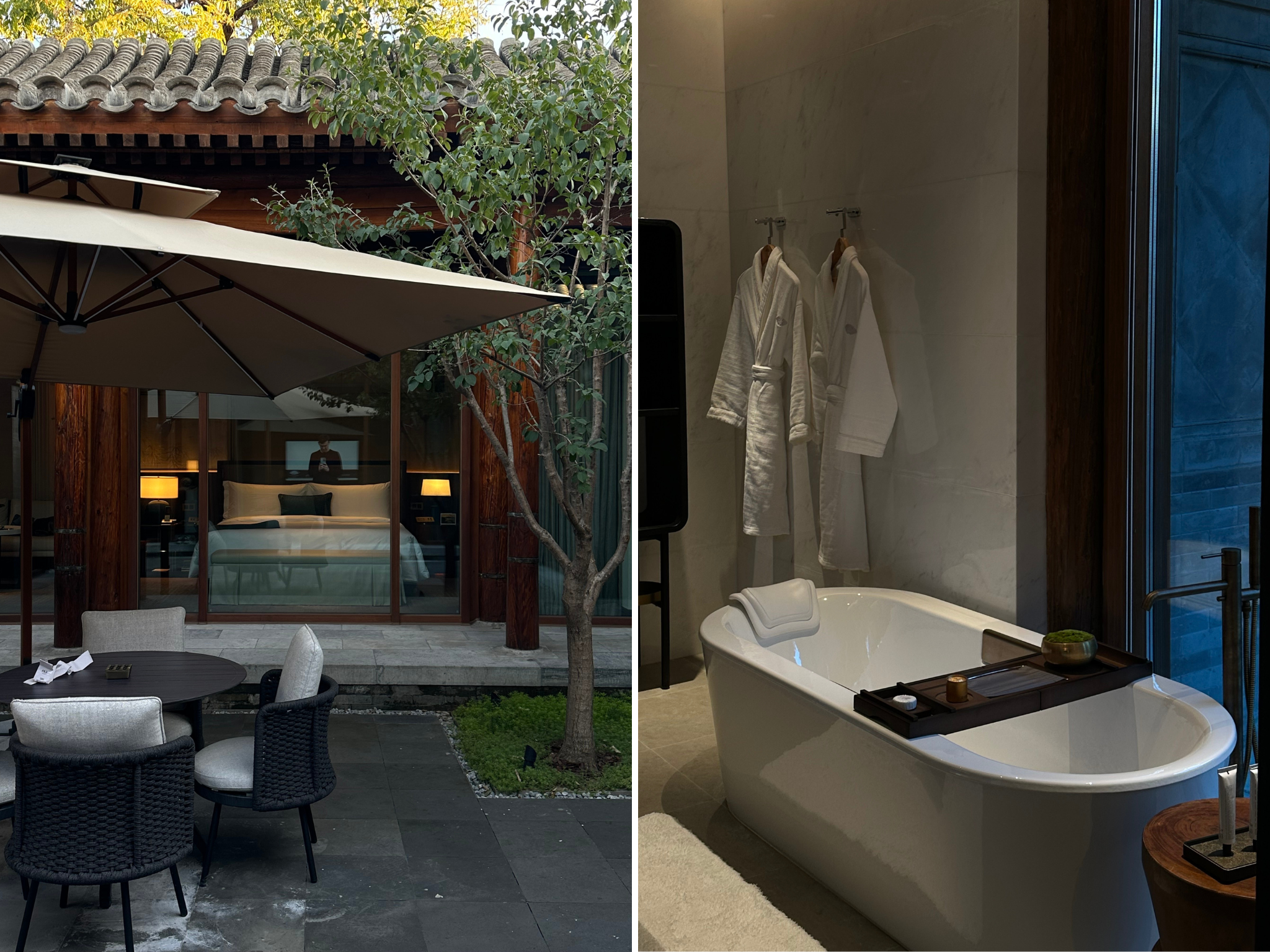 The view across the courtyard from the living area (left), and freestanding bath overlooks the leafy square (right)